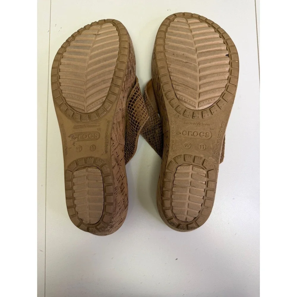 Crocs Wedge Sandal Women 11 Brown Snakeskin Cork Platform Flip Flops Boho Summer